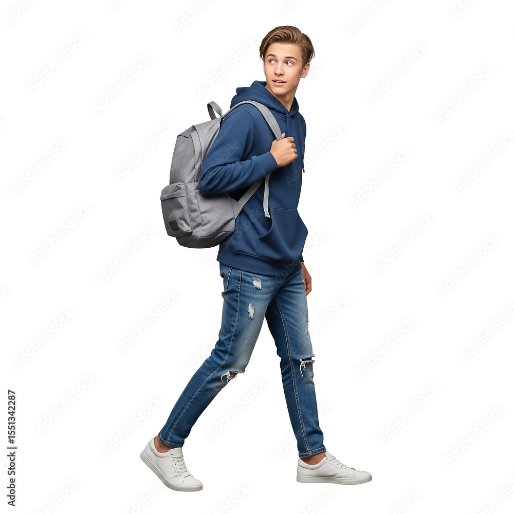 Teenager walking with backpack isolated on
transparent background Teenager walking with backpack isolated on
transparent background