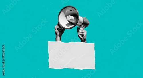Bold Announcement Concept with Megaphone and Blank Paper on Blue Background.