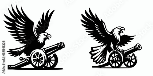 bald eagle firing cannon salute. Independence Day 4th of July American Flag Patriotism Usa America Clipart Line Art Vector Illustration. icon booming artillery tribute avian display.