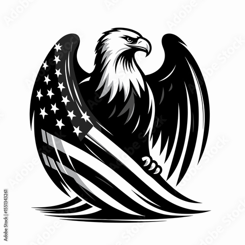 bald eagle folding simple American flag. Independence Day 4th of July Flag Patriotism Usa America Clipart Line Art Vector Illustration. Avian predator doing basic banner tucking patriotic.