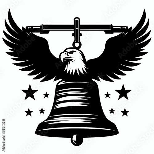 bald eagle hanging simple liberty bell. Independence Day 4th of July American Flag Patriotism Usa America Clipart Line Art Vector Illustration. bird flying above unadorned bell symbol.