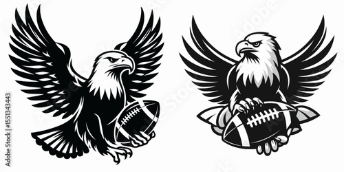 bald eagle holding football under wing. Independence Day 4th of July American Flag Patriotism Usa America Clipart Line Art Vector Illustration. symbol clutching pigskin beneath plumage.