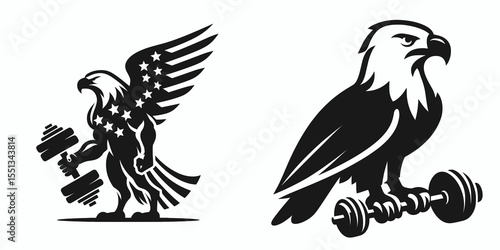 bald eagle lifting small liberty dumbbell. Independence Day 4th of July American Flag Patriotism Usa America Clipart Line Art Vector Illustration. bird raising light freedom weight strong.