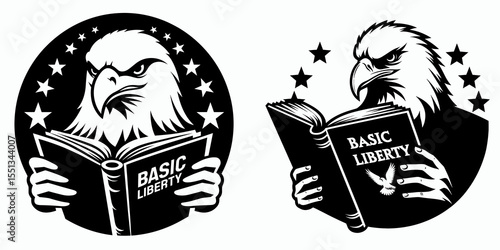 bald eagle reading basic liberty book. Independence Day 4th of July American Flag Patriotism Usa America Clipart Line Art Vector Illustration. symbol viewing core freedom guide bird.