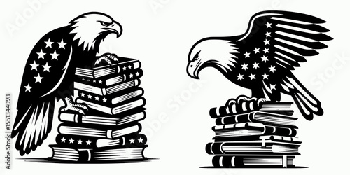 bald eagle stacking patriotic books. Independence Day 4th of July American Flag Patriotism Usa America Clipart Line Art Vector Illustration. symbol piling up freedom volumes united state.
