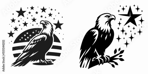 bald eagle stargazing patriotically. Independence Day 4th of July American Flag Patriotism Usa America Clipart Line Art Vector Illustration. National bird looking at celestial stars.
