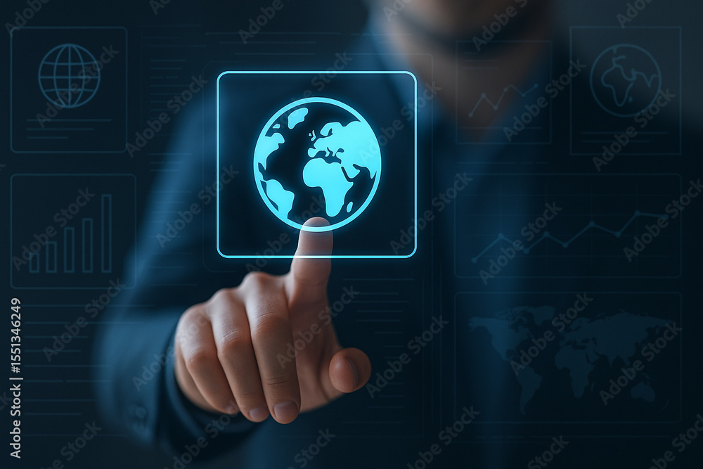 Fototapeta premium Futuristic digital globe interface with hand touch interaction, global data technology concept, holographic UI design for commercial use