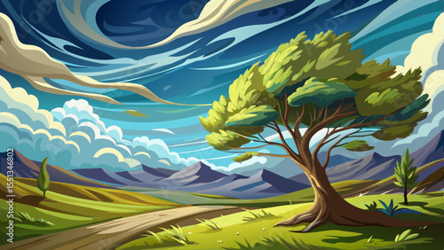 photorealistic landscape with tree, very windy weather with cloudy sky, beauty of the bad weather