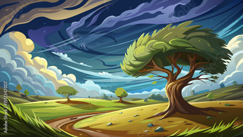 photorealistic landscape with tree, very windy weather with cloudy sky, beauty of the bad weather