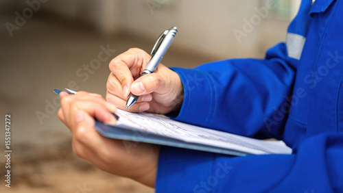 A construction foreman is checking on building quality checklist report during inspecting at the house construction site (as background). Industrial working scene, close-up with selective focus.