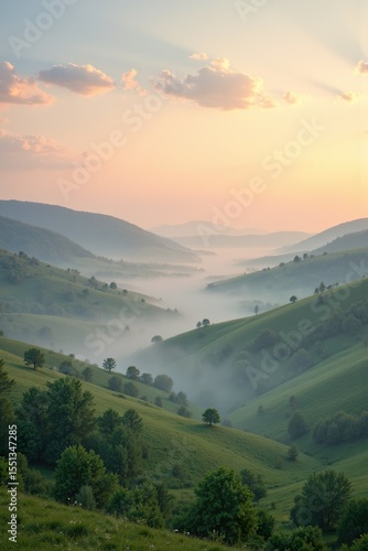 Wallpaper Mural Sunrise over Misty Green Hills and Rolling Valley Landscape Torontodigital.ca