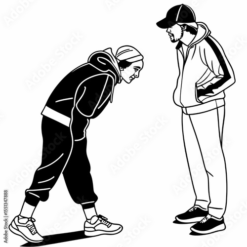 Two men talking with their friend when meet, vector illustration of modern urban life. Vector illustration of two people talking about business together.