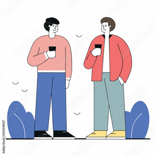 Two men talking with their friend when meet, vector illustration of modern urban life. Vector illustration of two people talking about business together.