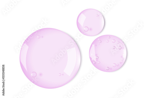 pink water background. Drops of translucent and shimmery serum gel. Drops of light collagen facial cleanser containing hyaluronic acid.