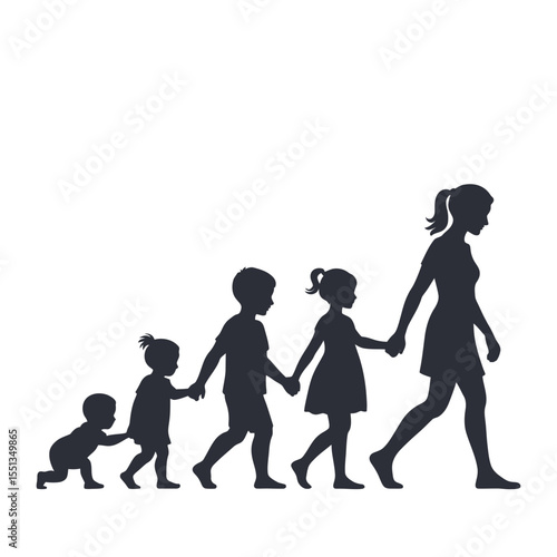 Silhouette of Child Development Stages – From Infant to Adolescent in Black and White