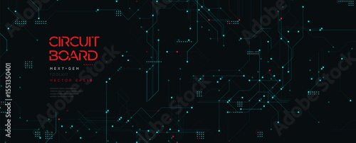 Futuristic Micro Circuit Board Background with Glowing Tech Lines and Digital Data Connections on Dark BG. HighTech Cyber Network Pattern. Micro Processing Concept and Cyberspace. Vector Illustration