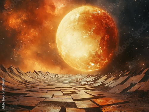 Otherworldly landscape with celestial body illuminating surreal terrain