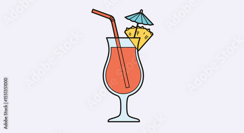 Vector Cartoon Illustration of a Pina Colada in a Glass with Umbrella and Straw