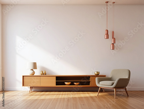 Modern living room with a mid century modern credenza and armchair bathed in natural sunlight