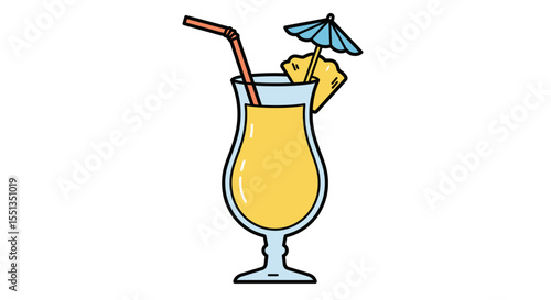 Vector Cartoon Illustration of a Pina Colada in a Glass with Umbrella and Straw