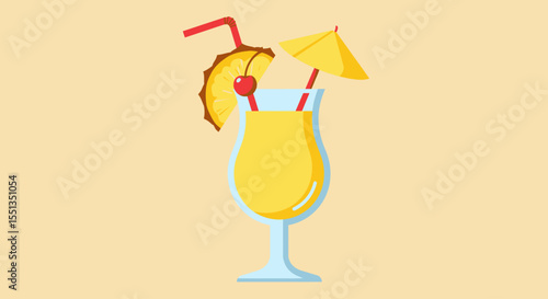 Vector Cartoon Illustration of a Pina Colada in a Glass with Umbrella and Straw