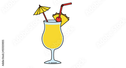 Vector Cartoon Illustration of a Pina Colada in a Glass with Umbrella and Straw