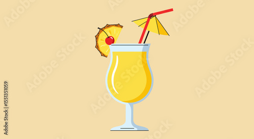 Vector Cartoon Illustration of a Pina Colada in a Glass with Umbrella and Straw