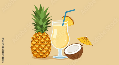 Vector Illustration of Pina Colada with Pineapple and Coconut on Beige Background