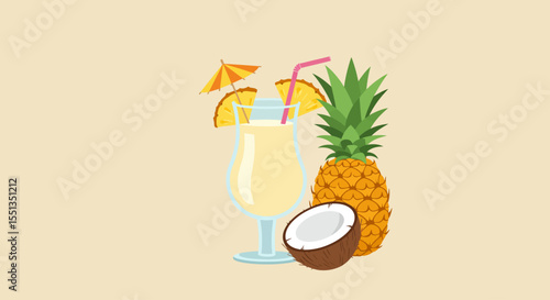 Vector Illustration of Pina Colada with Pineapple and Coconut on Beige Background