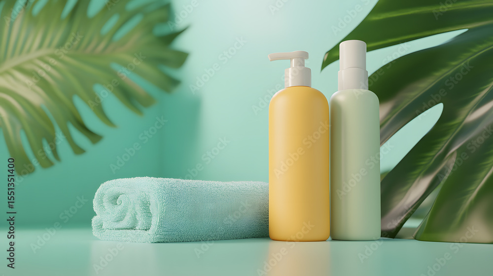 Colorful shampoo and body wash bottles with towel on vibrant background create fresh and inviting scene Colorful shampoo and body wash bottles with towel on vibrant background create fresh and inviting scene