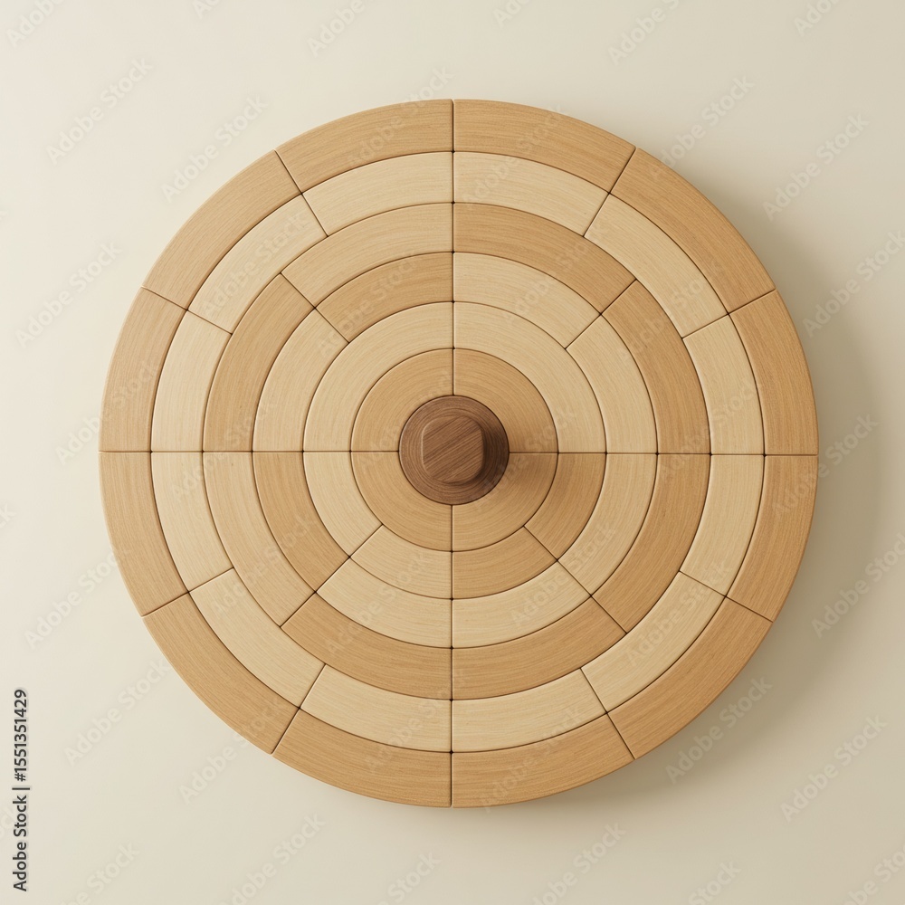 Wooden circular puzzle with concentric pattern on light background Wooden circular puzzle with concentric pattern on light background