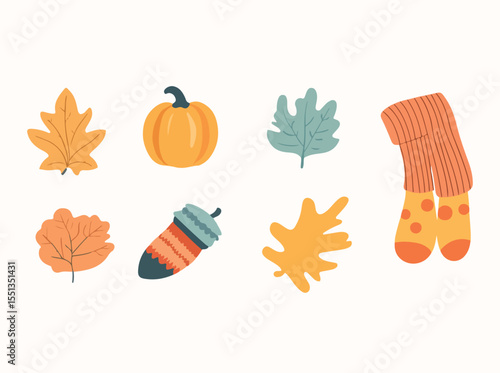 Cozy Autumn Elements Leaves Pumpkin Acorn and Warm Socks Illustration
