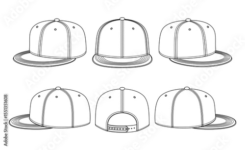 hat template vector, Snapback hat Technical Drawing Illustration Blank Streetwear Mock-up Template, Blank snapback cap, Meshbaseball cap vector template, technical hat apparel vector, hat fashion