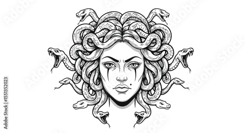 A striking black and white vector illustration of Medusa, the mythical Gorgon from Greek mythology