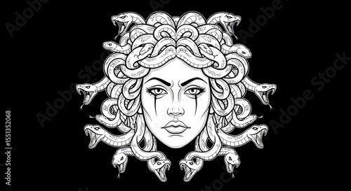 A striking black and white vector illustration of Medusa, the mythical Gorgon from Greek mythology