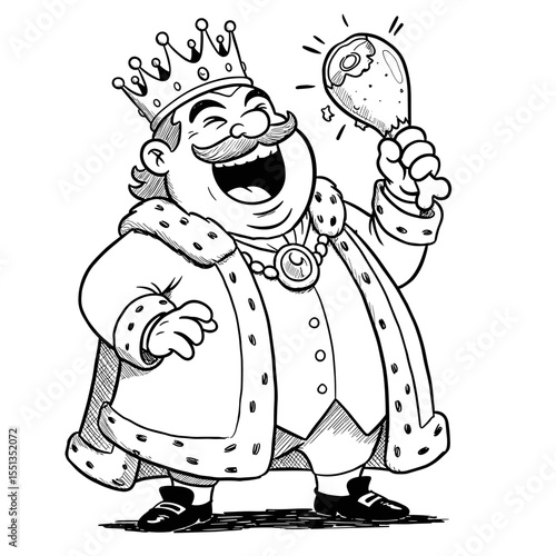 A cheerful king laughs heartily while holding a juicy drumstick, dressed in royal robes and a sparkling crown, radiating playful luxury.