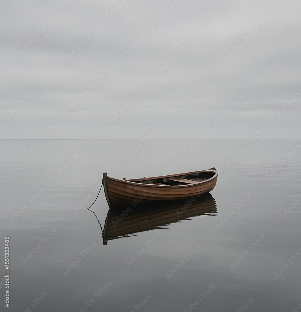 Obraz premium Lonely Wooden Rowboat on Calm Mirror Sea Under Overcast Sky. Minimalist Tranquil Seascape for Meditation, Mindfulness, and Solitude Themes