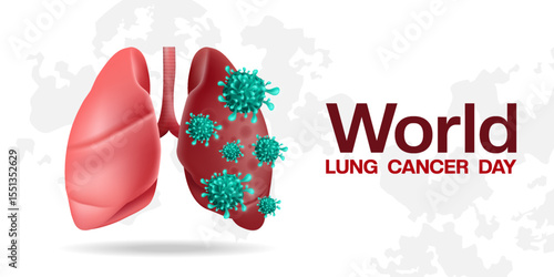 August is World Lung Cancer Day. Lung, virus and map. Suitable for posters, banners and social media. White background.