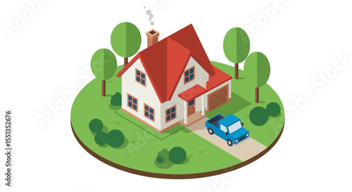 Isometric vector illustration featuring a cozy countryside house with a classic truck parked nearby