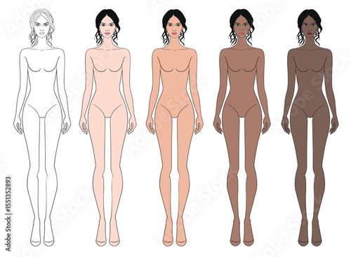 Colored skin tones fashion croquis figurines with messy updo hair woman in vector.