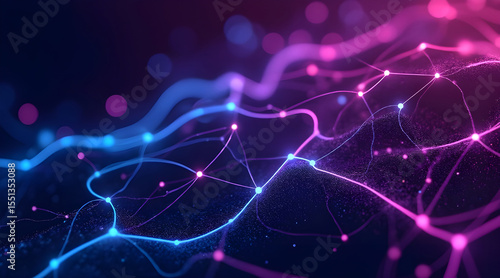 Abstract network of glowing blue and pink lines connecting luminous nodes against a dark background with bokeh effects