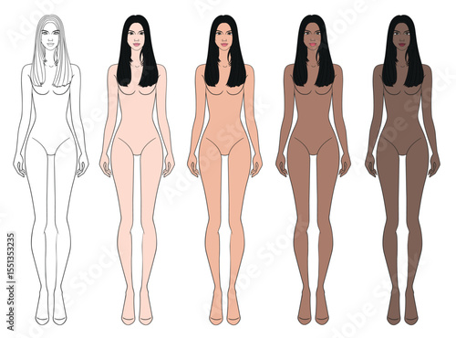 Colored skin tones fashion croquis figurines with straight long hair woman in vector.