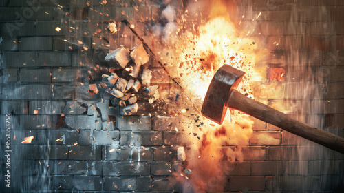 Hitting hammer wall breakthrough, Hammer smashing through the wall. Sledge hammer fire blacksmith shop. Overcome obstacles, broken power tool, forging anvil hammer 
