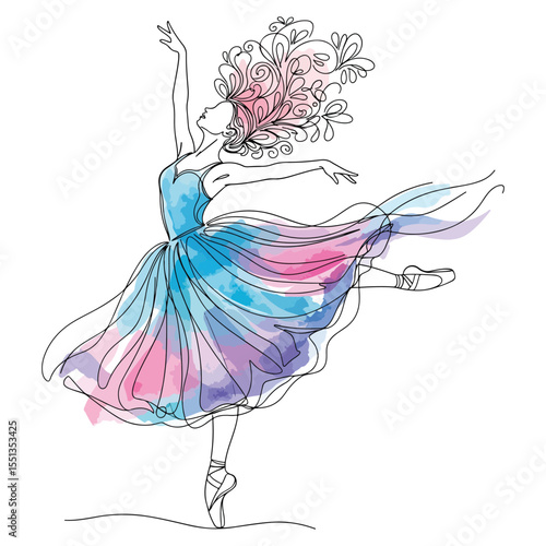 Line art ballerina in blue pink watercolor dress dancing