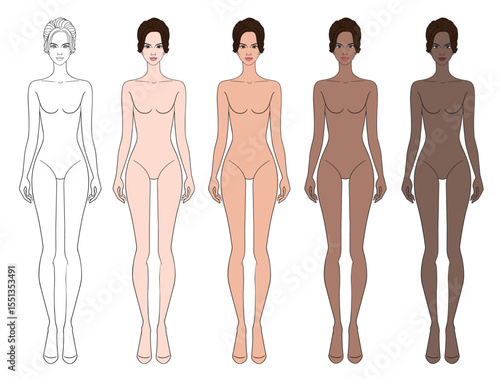 Colored skin tones fashion croquis figurines with updo hair woman in vector