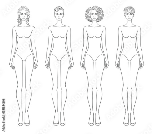 Fashion outline sketch croquis figurines female body with different hairs in vector.
