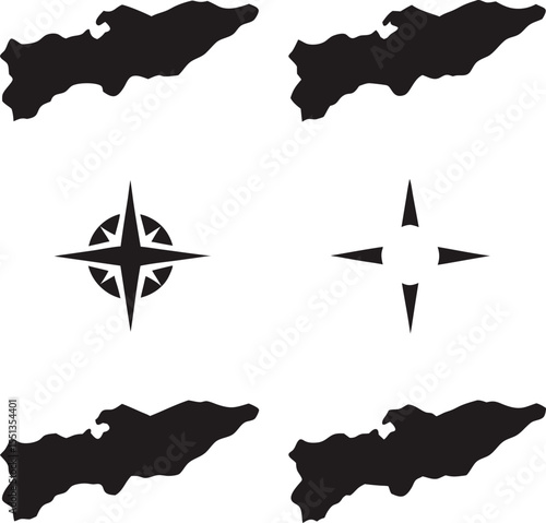 Black and white vector illustration of the british virgin islands map silhouettes with compass rose elements for navigation and travel concepts.