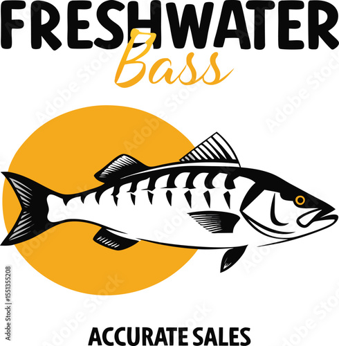Bold freshwater bass fish vector illustration on an orange circle background suitable for fishing related businesses or outdoor recreation designs