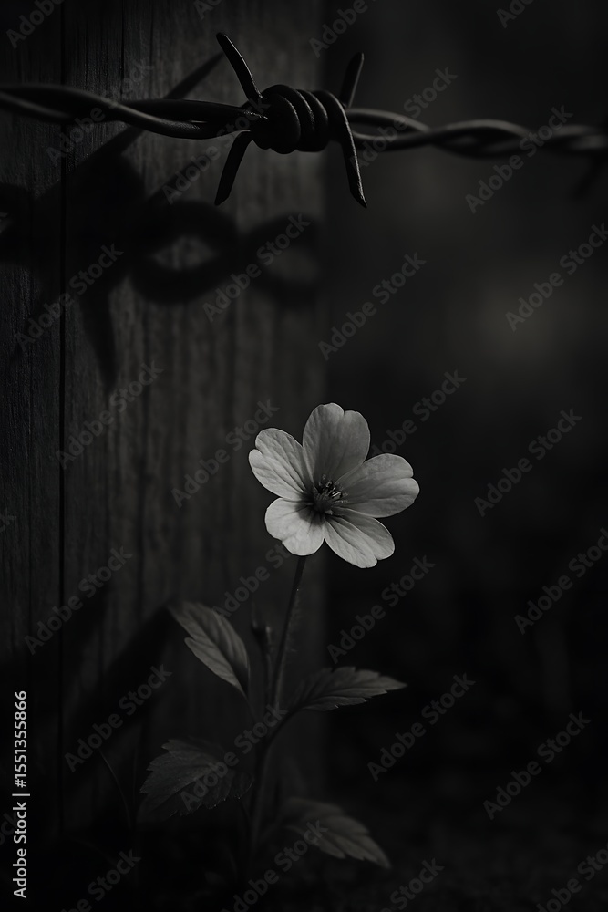 Obraz premium Delicate Wildflower Beneath Barbed Wire Shadow, Hope and Contrast in Harsh Surroundings