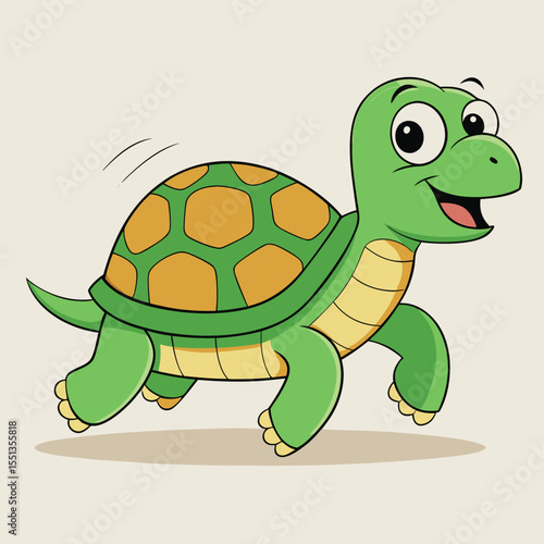 Animated Tortoise: A cheerful animated tortoise joyfully scurries along, its vibrant green shell gleaming against the light backdrop, exuding a sense of happiness and adventure.